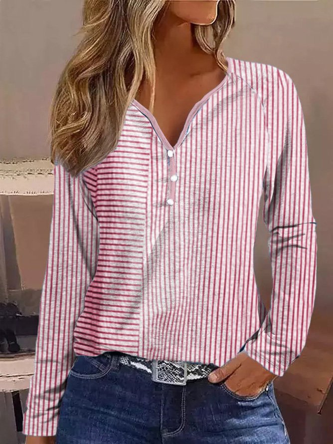 Casual Striped Loose V Neck T Shirt
