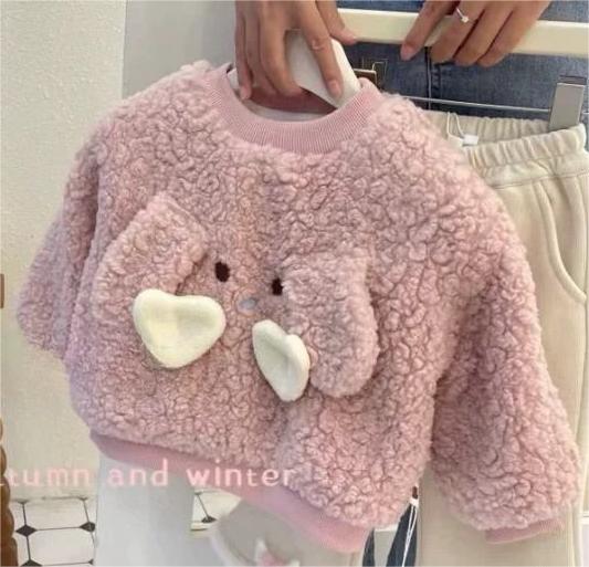Girls' Fleece-Lined Lamb Cartoon Sweatshirt