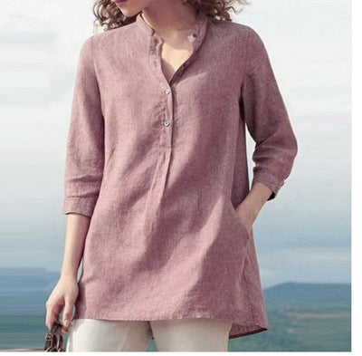Solid Color Cotton Linen Seven-Point Sleeve Pullover
