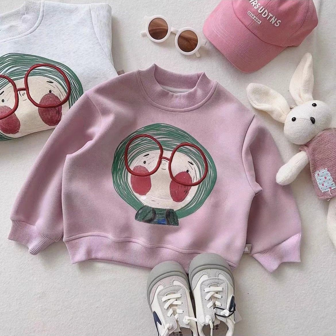 Cute Fleece-Lined Cartoon Sweatshirt