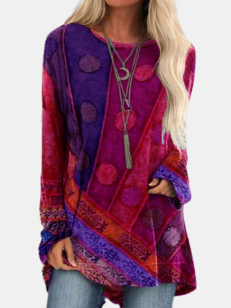 Retro Printed Round Neck Long Sleeve T Shirt