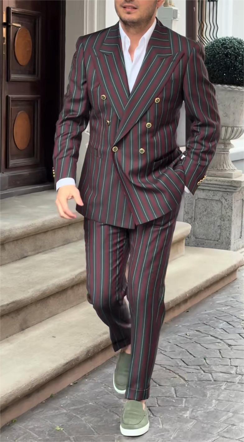 British Style Striped Double-Breasted Three-Piece Suit Set for Men