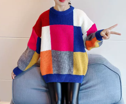 Girls Color Block Check Knit Sweater