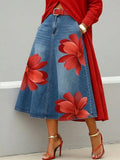 Women's Floral Print Faux Denim Skirt
