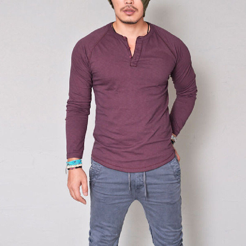Men Button Neck Long Sleeve Casual T Shirt