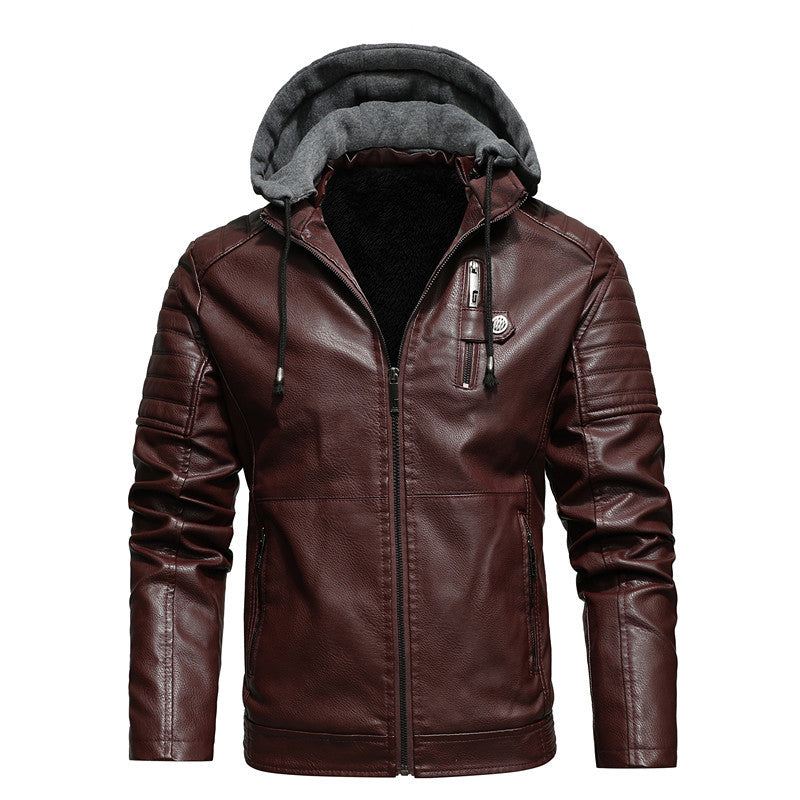 Men’s Slim Fit Hooded Leather Jacket with Stand Collar