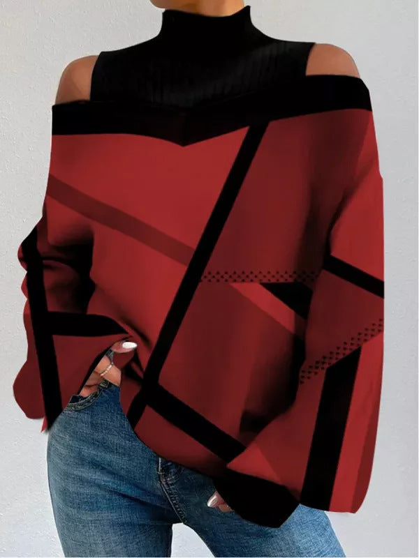 High Collar Open Shoulder Geometric Print Loose T Shirt