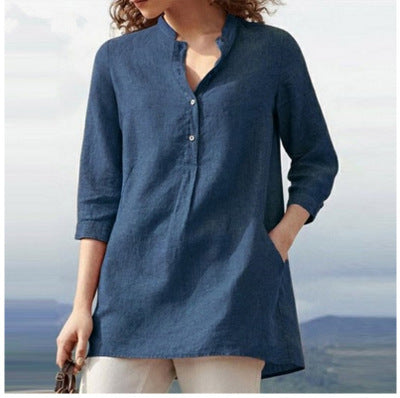 Solid Color Cotton Linen Seven-Point Sleeve Pullover