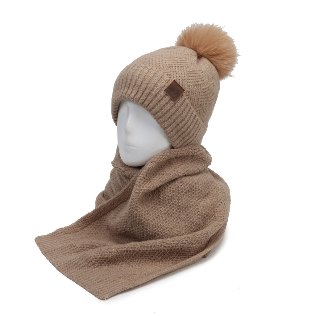 Double Layer Knitted Hat And Scarf Set With Pom Accent