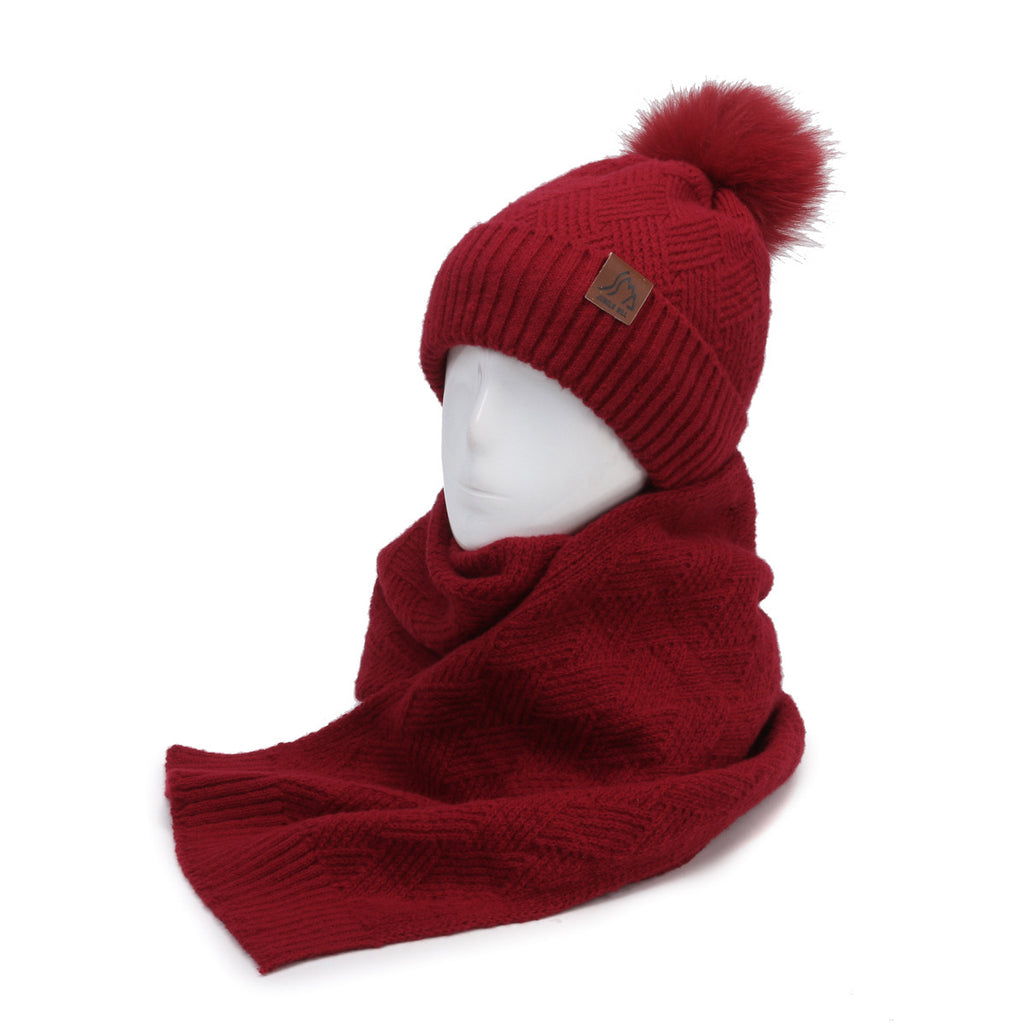 Double Layer Knitted Hat And Scarf Set With Pom Accent