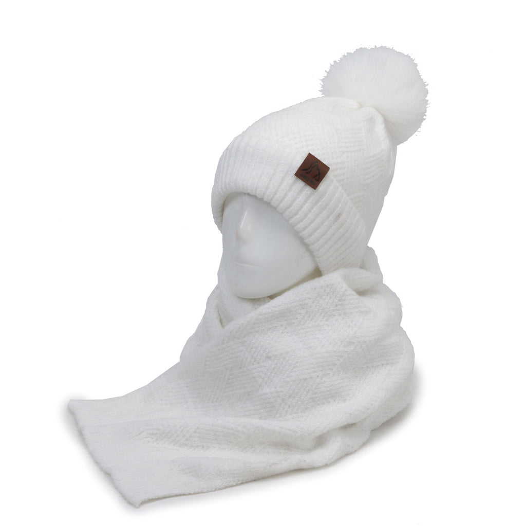 Double Layer Knitted Hat And Scarf Set With Pom Accent