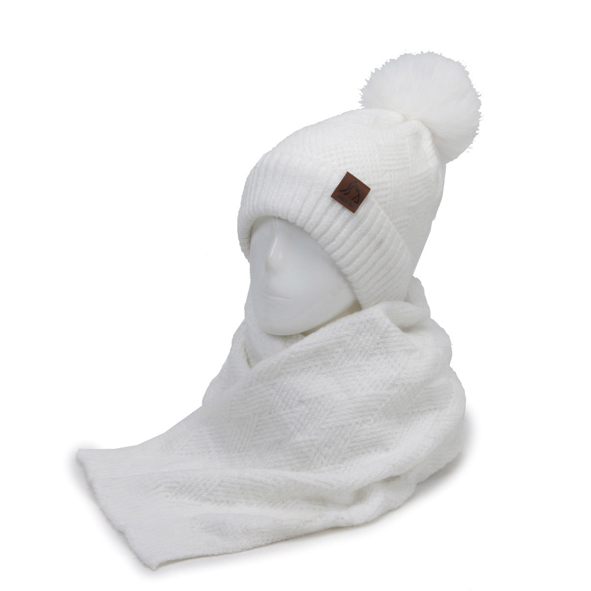 Double Layer Knitted Hat And Scarf Set With Pom Accent