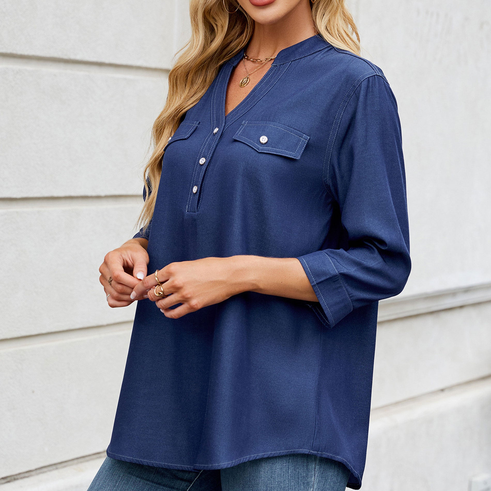 2025 Women's Casual Loose Long Shirt - Spring Summer Lightweight Imitation Denim Tunic Top with Pockets, Button-Down Oversized B