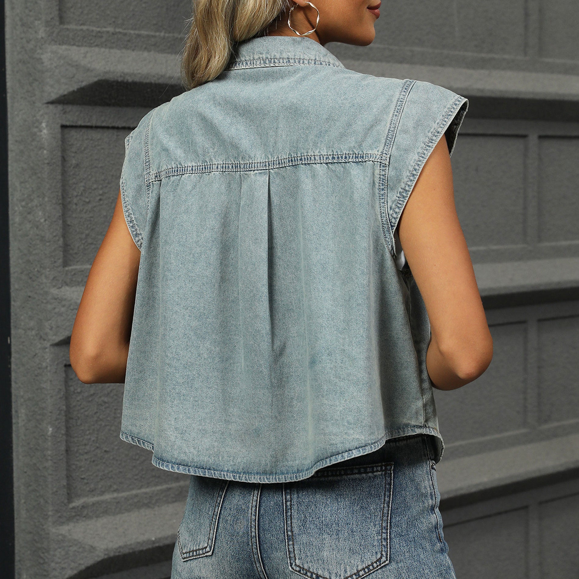 Summer Washed Denim Vest for Women - Flying Sleeve, Lapel Collar, Single-Breasted, Vintage Jean Waistcoat