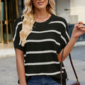 New Striped Wool Round Neck Pullover - Contrast Color, Drop Shoulder, Short Sleeve Sweater for Women