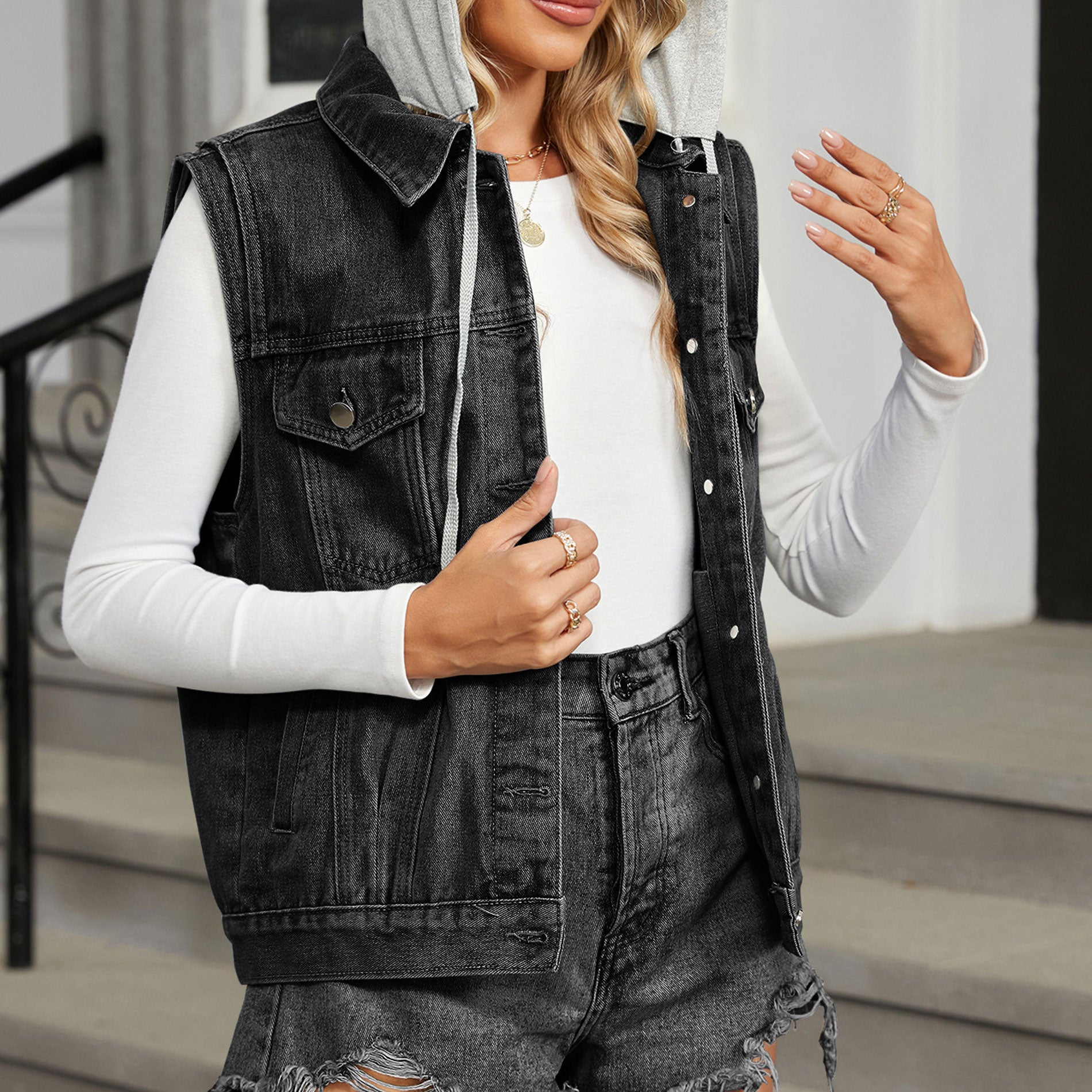 Women's Washed Hooded Denim Vest - Casual Sleeveless Jean Jacket Waistcoat Top with Pockets, Vintage Look - Indie Fashion Street