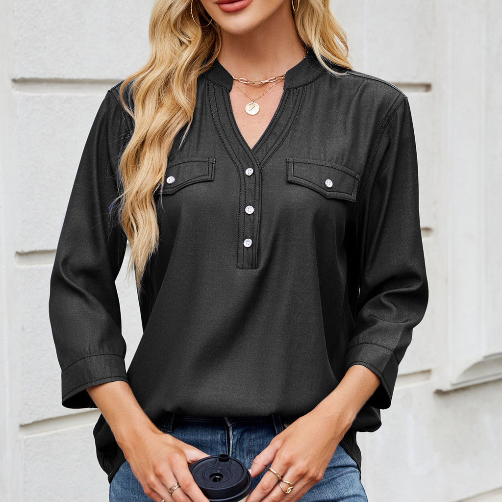 2025 Women's Casual Loose Long Shirt - Spring Summer Lightweight Imitation Denim Tunic Top with Pockets, Button-Down Ove