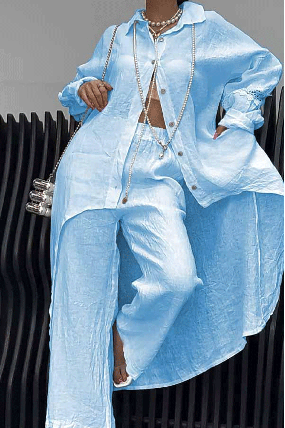 Women's Long Sleeve Hem Top and Matching Pants Two-Piece Set