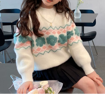 Girls Mink Velvet Jacquard Pullover Sweater