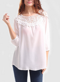 Women Casual Hollow Neck Lace Neck Chiffon Top