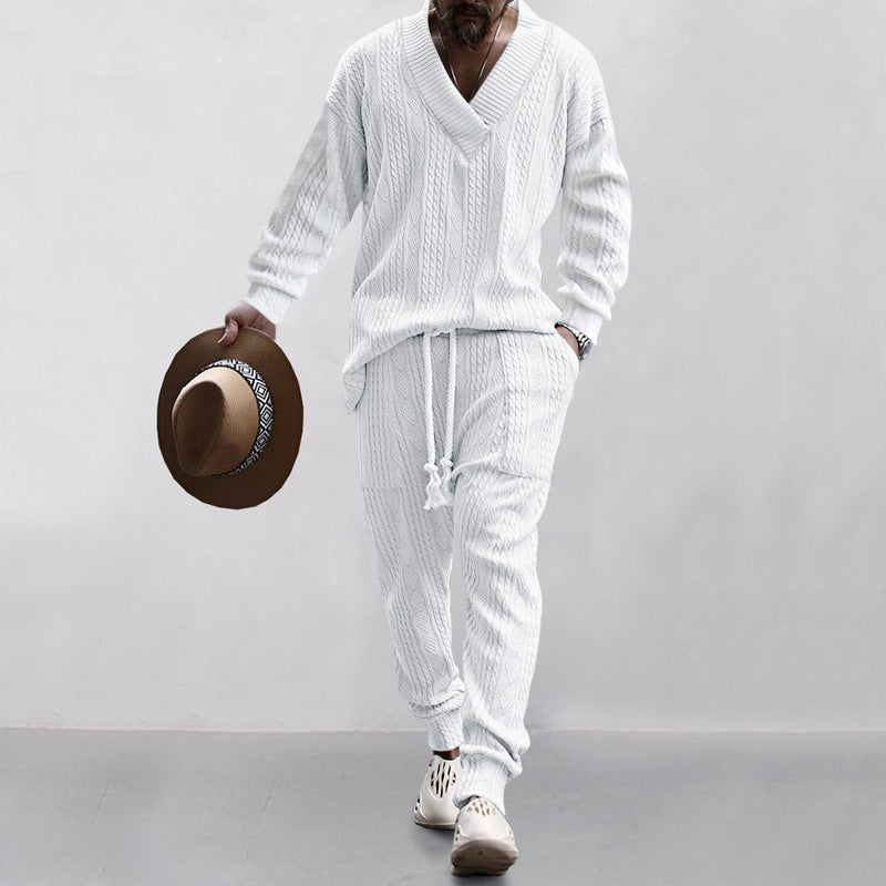 Versatile Jacquard V-Neck Knitwear and Casual Trousers Set