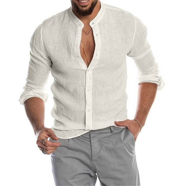 Men’s Solid Linen Stand Collar Long Sleeve Shirt