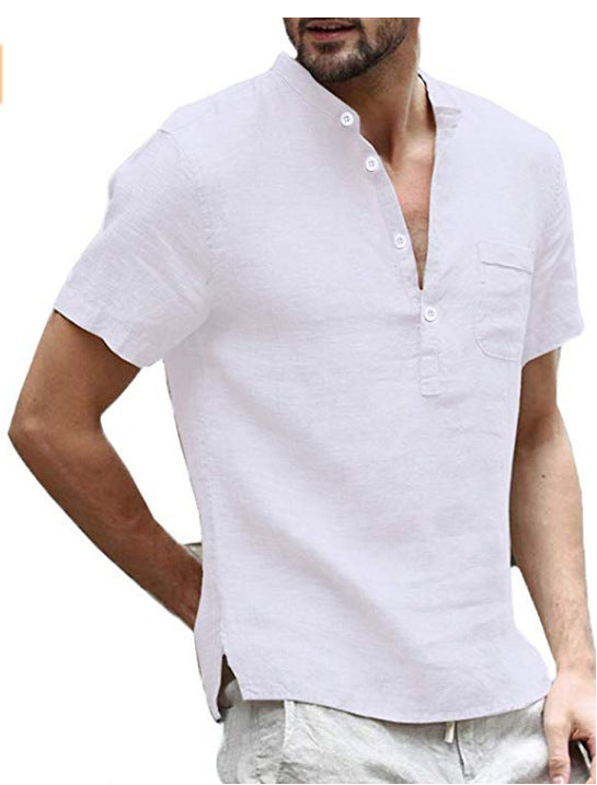 Minimalist Cotton Linen Stand Collar Buckle Short Sleeve Shirt
