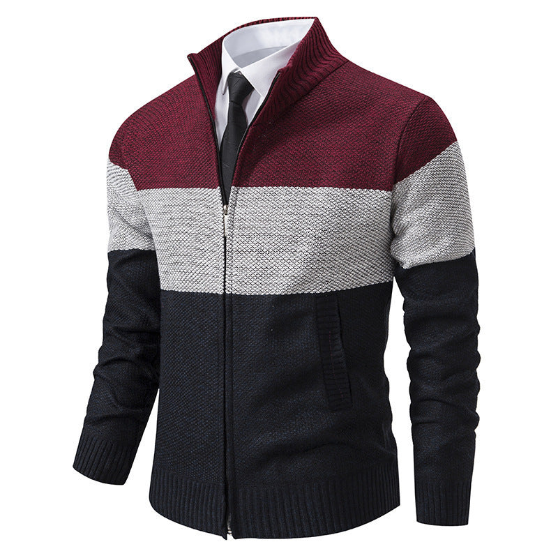 Men’s Color-Blocked Stand Collar Knit Cardigan