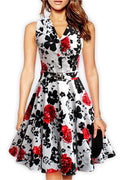 Women Floral V Neck Halter Skirt Dress