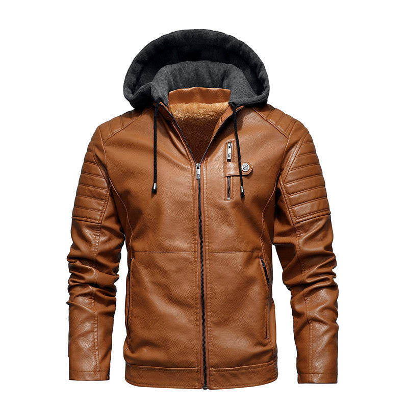 Men’s Slim Fit Hooded Leather Jacket with Stand Collar