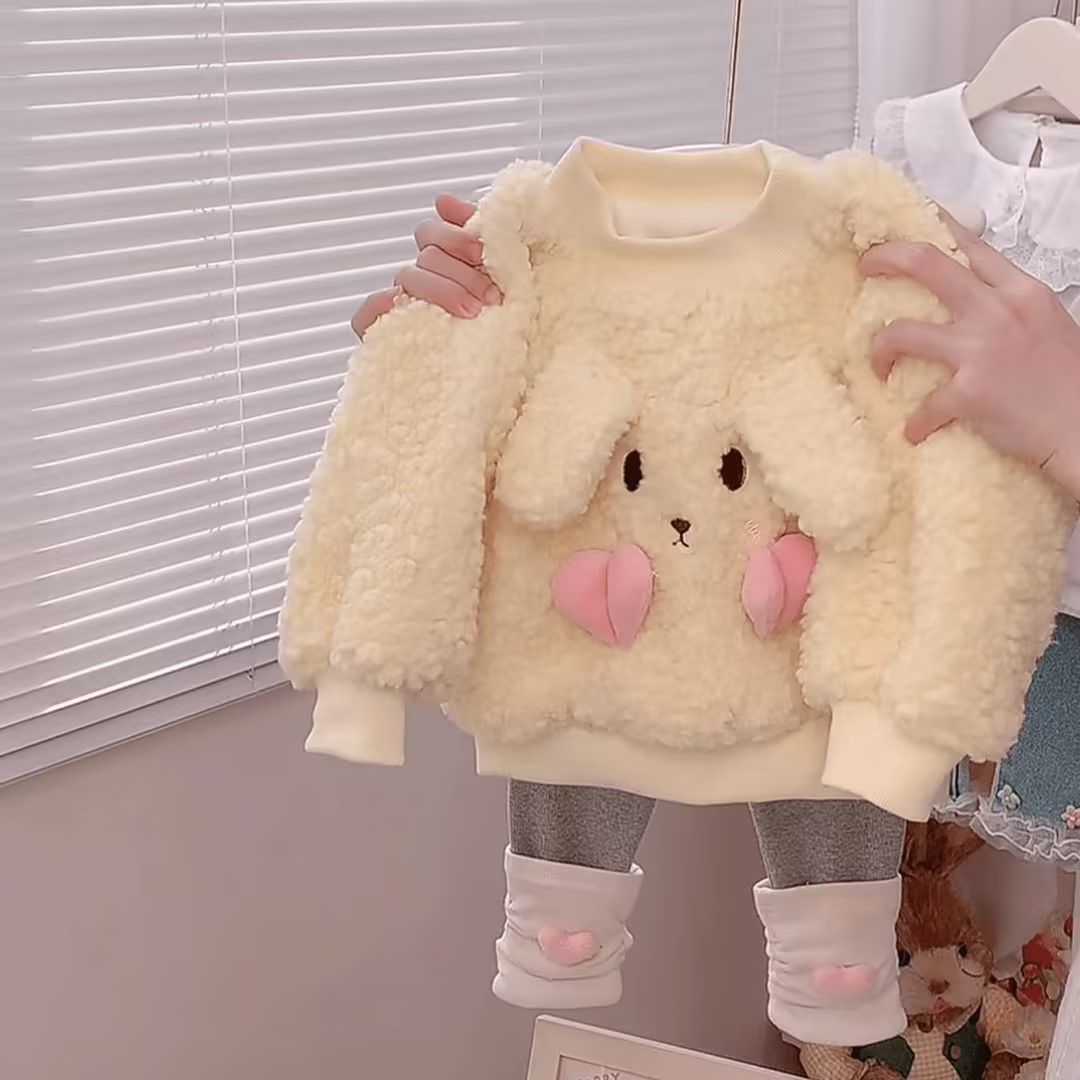 Girls' Fleece-Lined Lamb Cartoon Sweatshirt