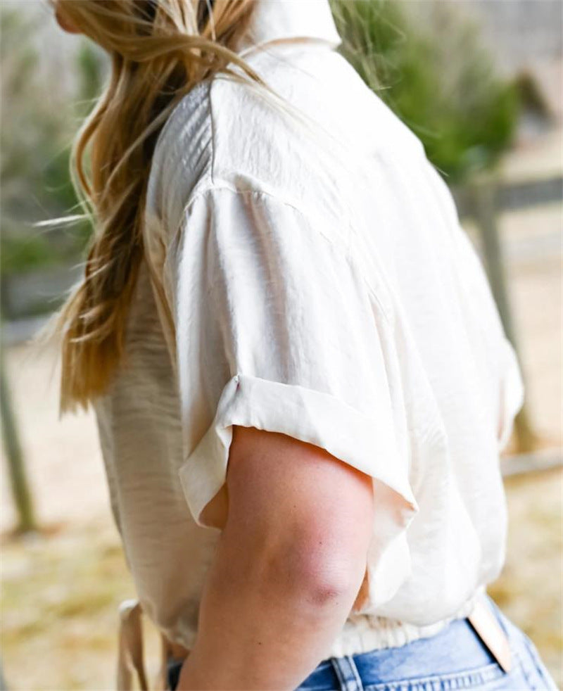 Simple Mid Sleeve Elastic Waist Shirt