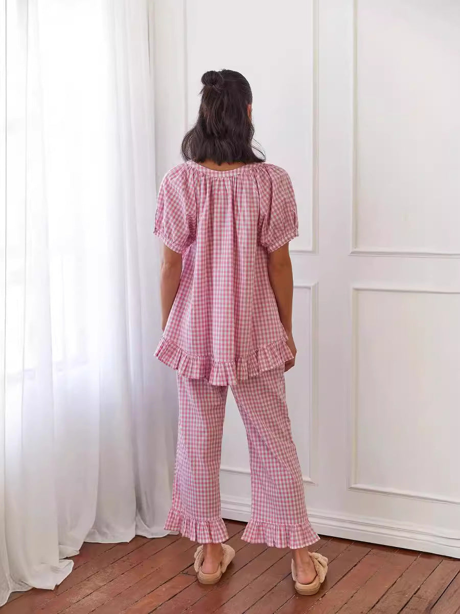 Ruffled Button Short Sleeve Top and Pants Set
