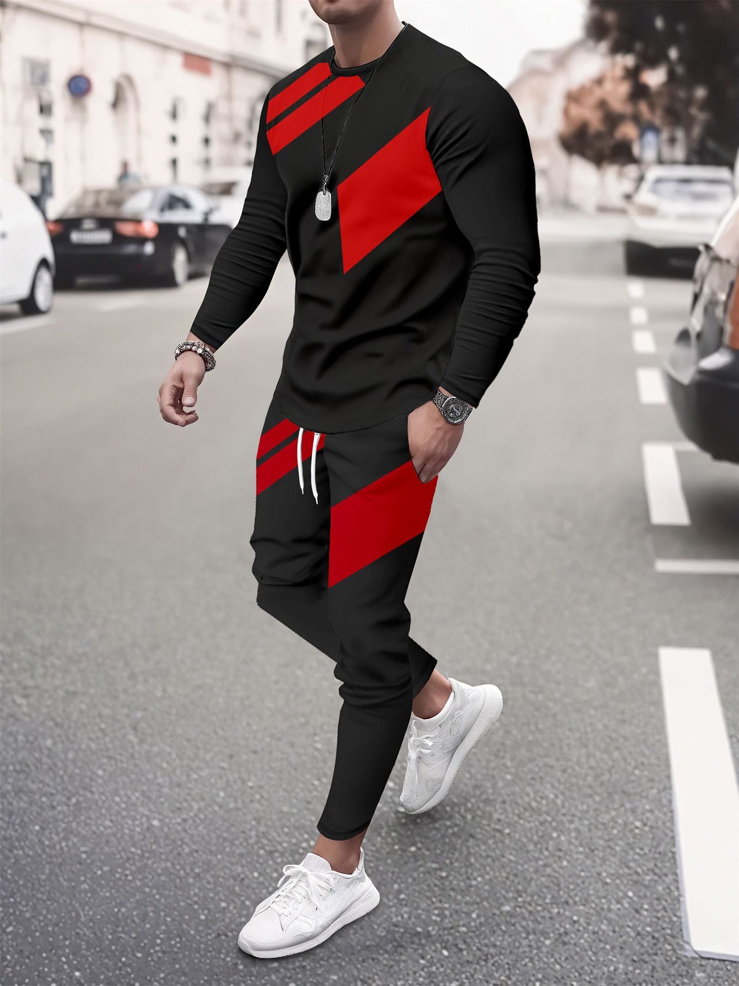 Men Digital Print Long Sleeve Two Piece Set