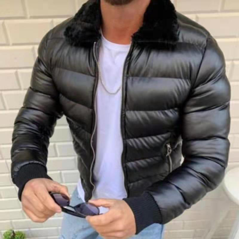 Men’s Black Faux Leather Jacket with Fur Collar