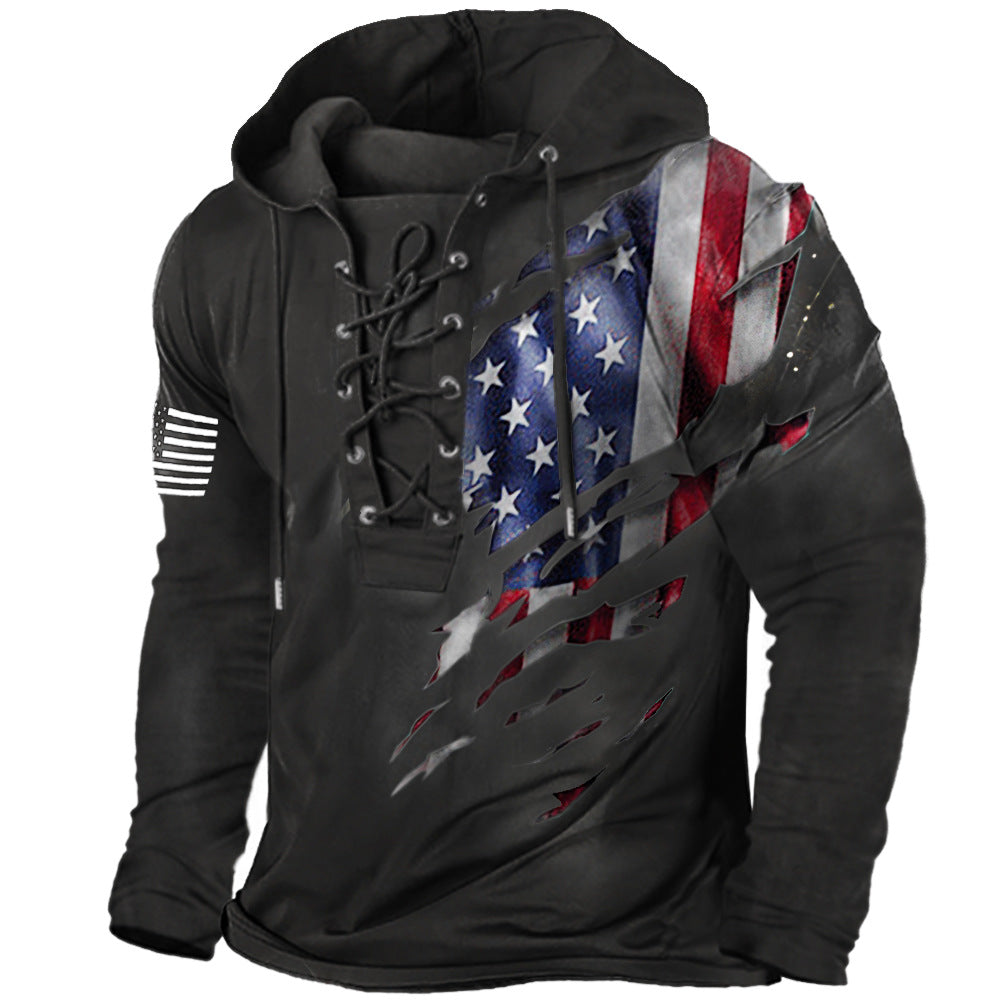 Retro Flag Lace-Up Hooded Tee for Men