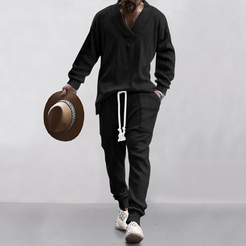 Versatile Jacquard V-Neck Knitwear and Casual Trousers Set