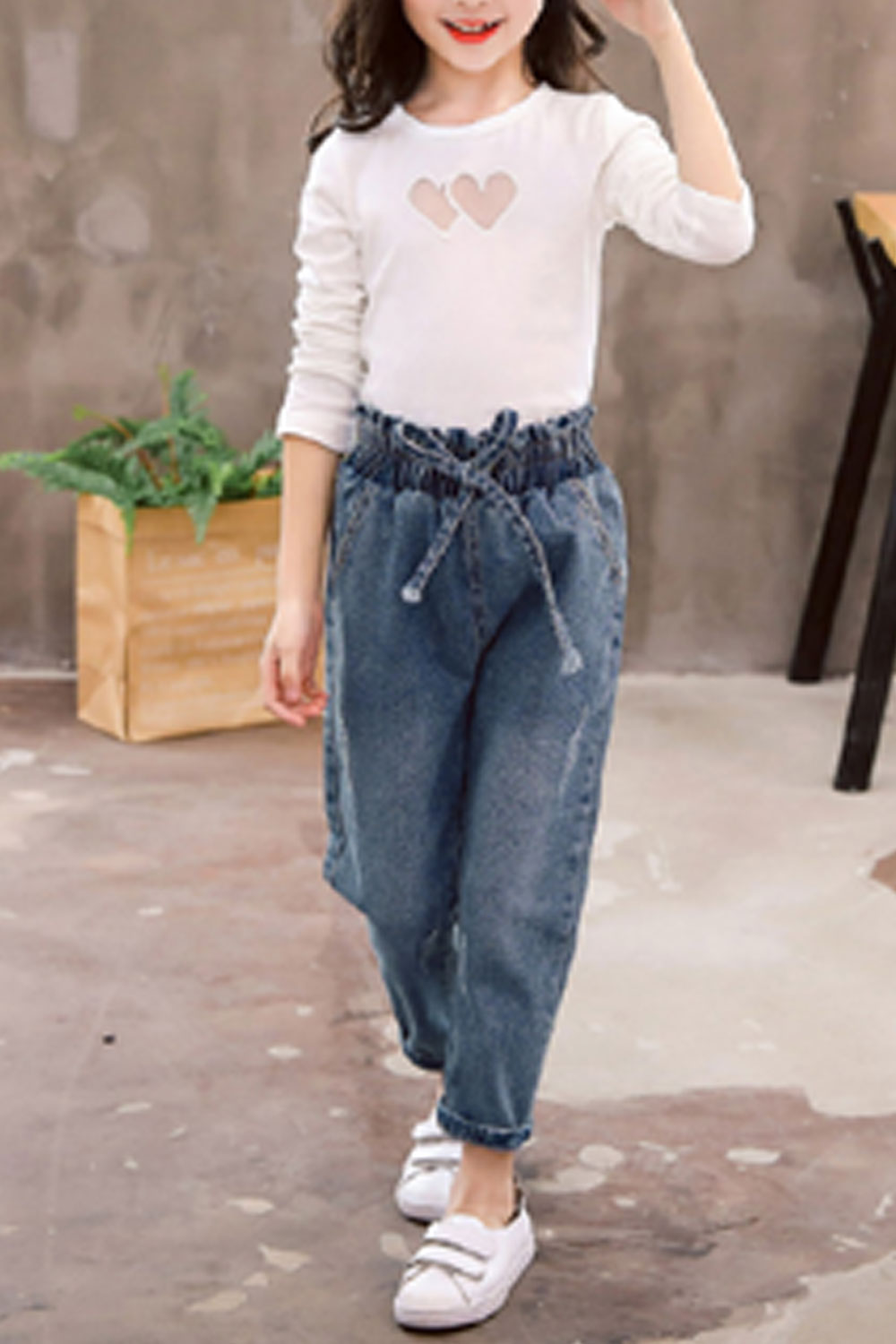 Kids Girls Elegant Solid Colored Breathable Tie Waist Loose Denim Jeans