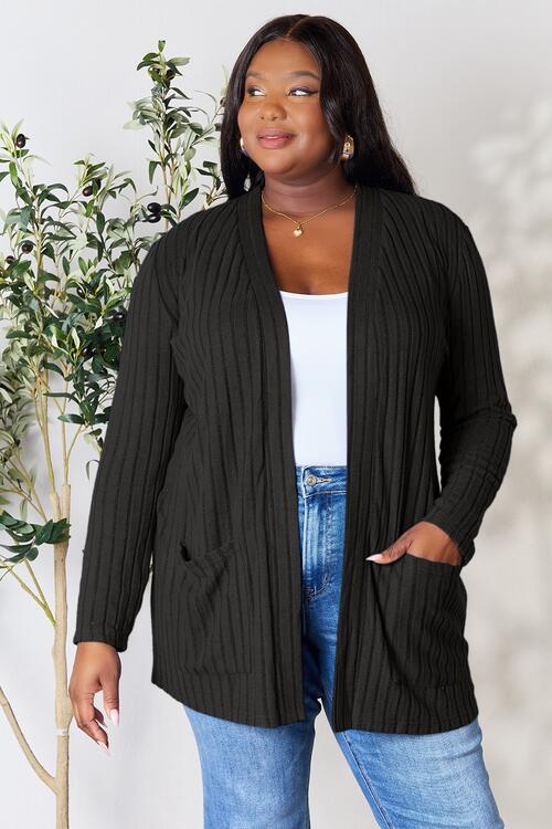 Women Basic Bae Full Size Ribbed Open Front Cardigan with PocketsWomen Basic Bae Full Size Ribbed Open Front Cardigan with Pock