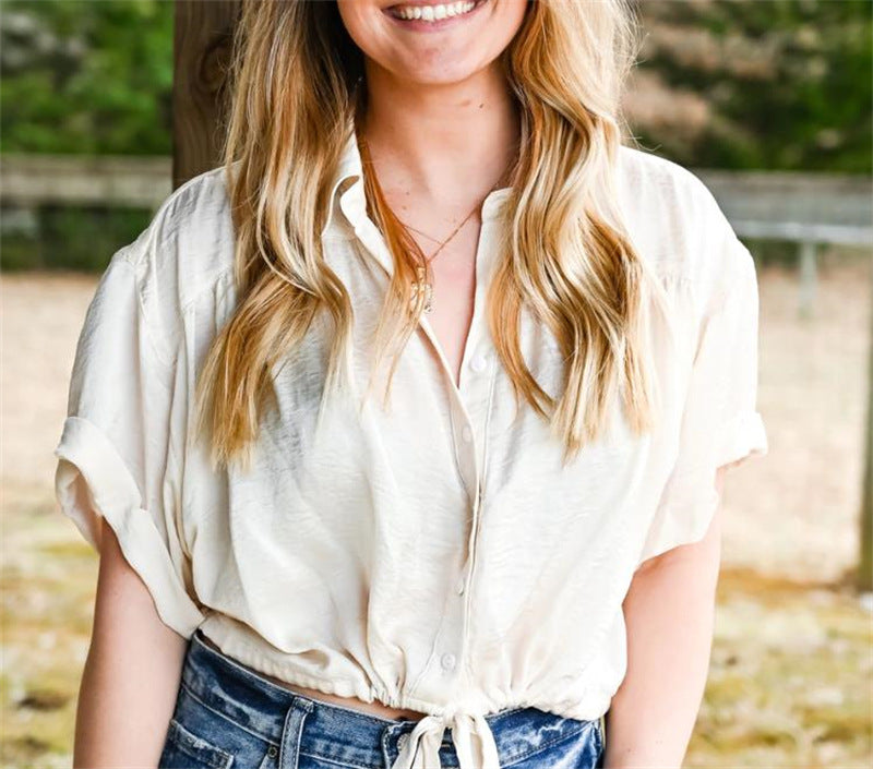 Simple Mid Sleeve Elastic Waist Shirt