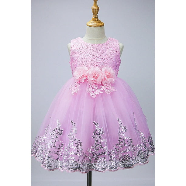 Kids Girls Flower Lace Decorated Pleated Princess Dress