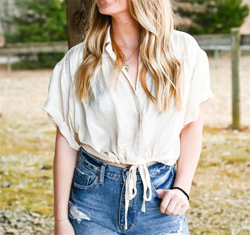Simple Mid Sleeve Elastic Waist Shirt