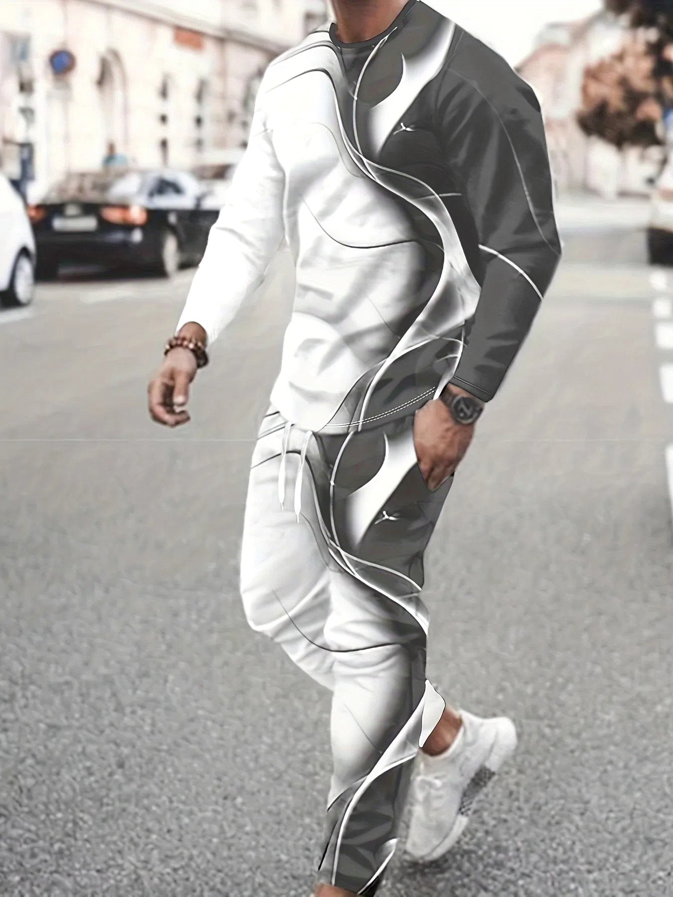 Gradient Print Casual Crew Neck Jogger Set