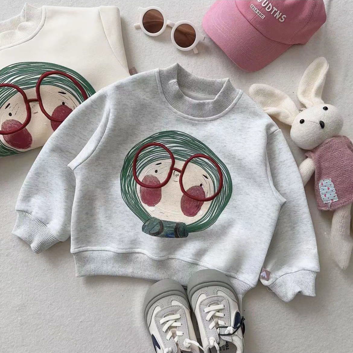 Cute Fleece-Lined Cartoon Sweatshirt