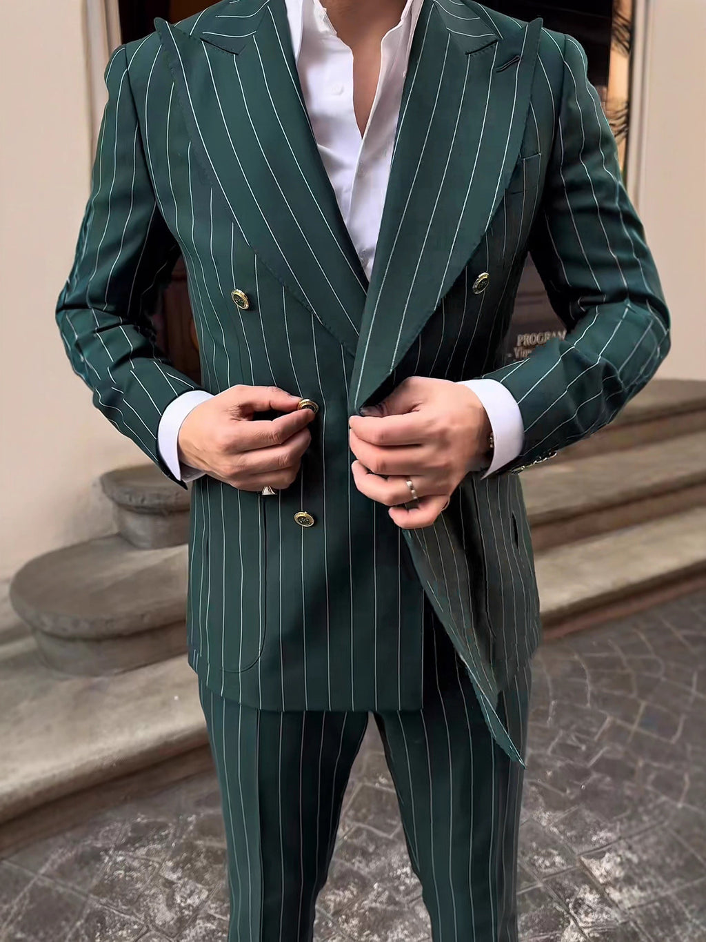 British Style Striped Double-Breasted Three-Piece Suit Set for Men