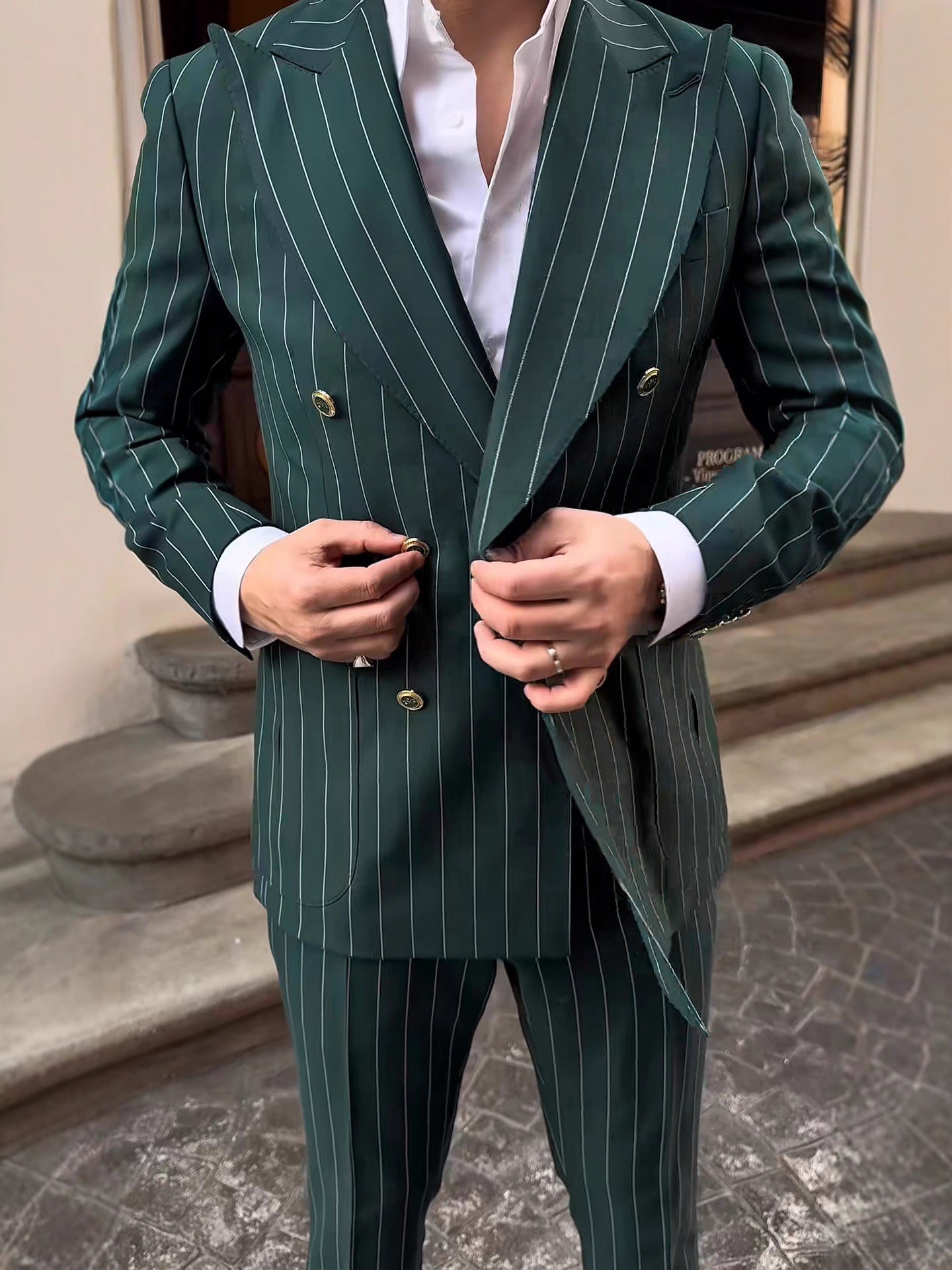British Style Striped Double-Breasted Three-Piece Suit Set for Men