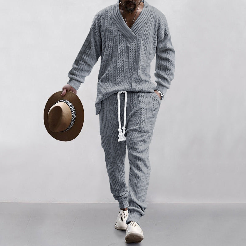 Versatile Jacquard V-Neck Knitwear and Casual Trousers Set