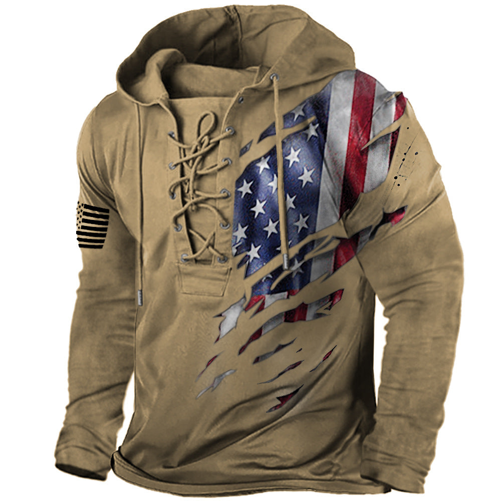 Retro Flag Lace-Up Hooded Tee for Men