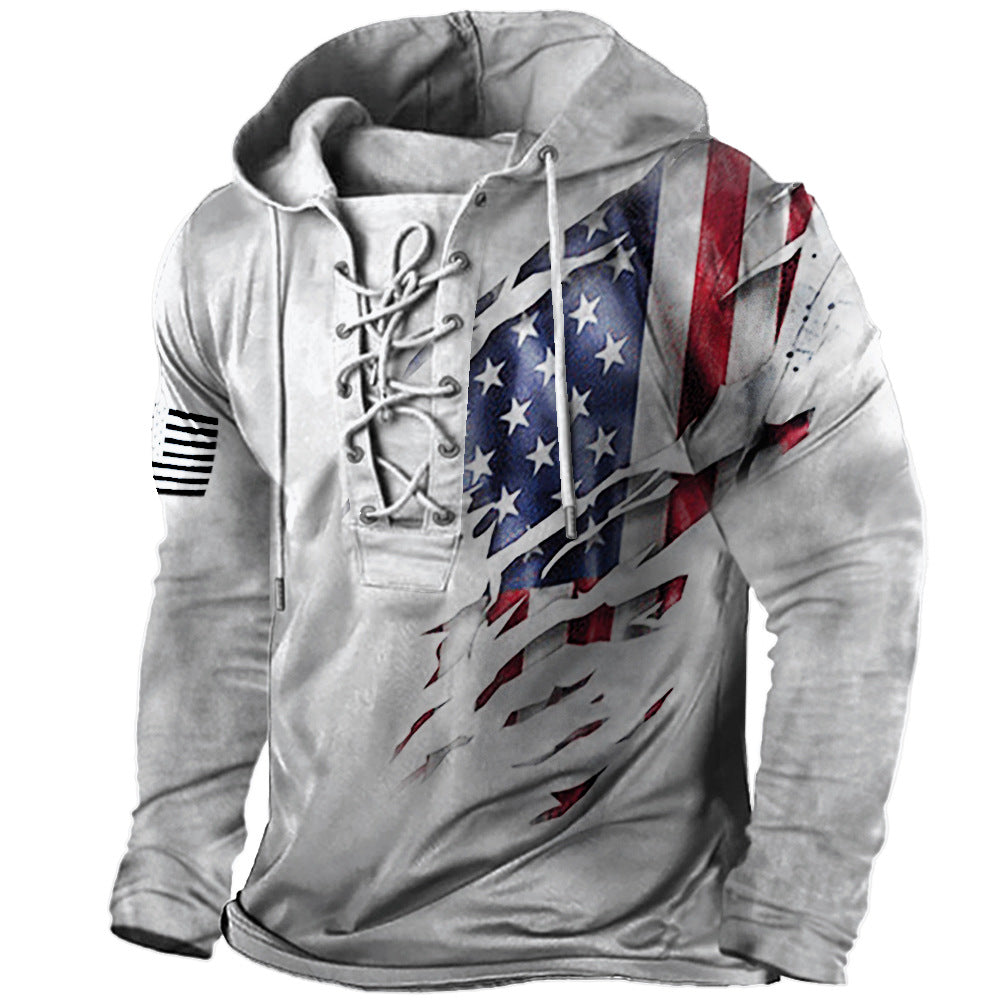 Retro Flag Lace-Up Hooded Tee for Men
