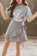 Kids Girls Rose Printed Striped Pattern Skirt Outfit Set
